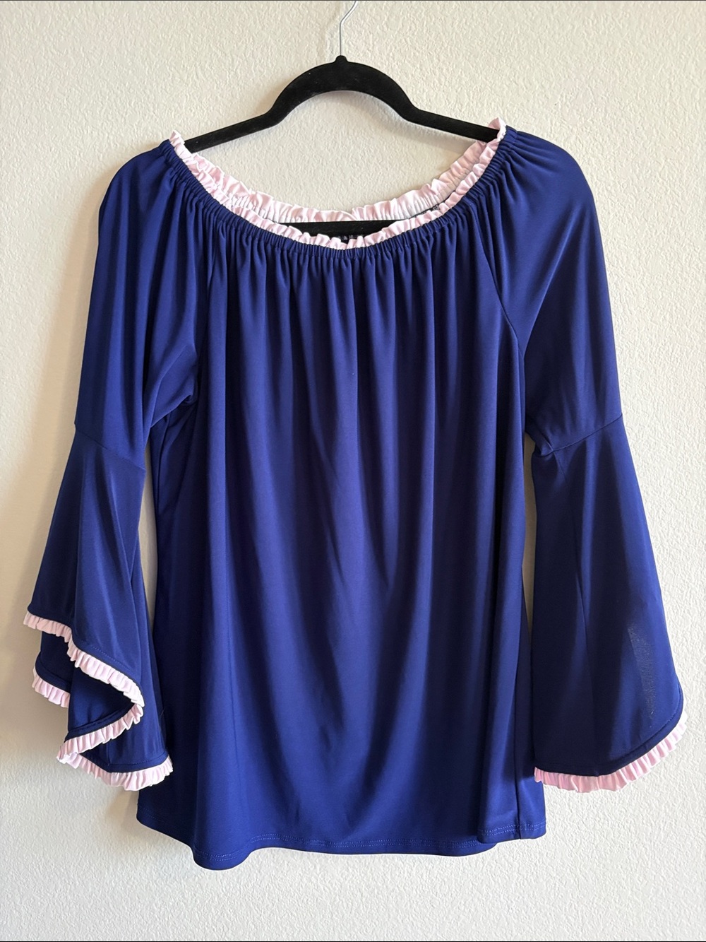 VTG Coco Bianco Bell Sleeve Top Blue & Pink Trim Retro 70's Chic Boho Size L NWT
